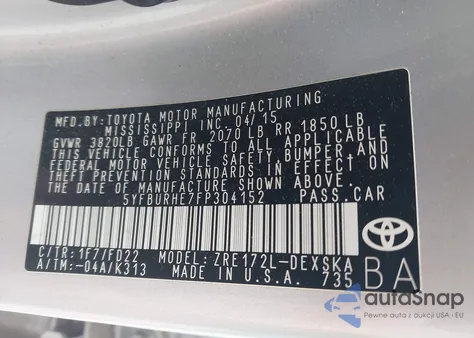 2015 Toyota Corolla S from USA, damaged, VIN 5YFBURHE7FP304152